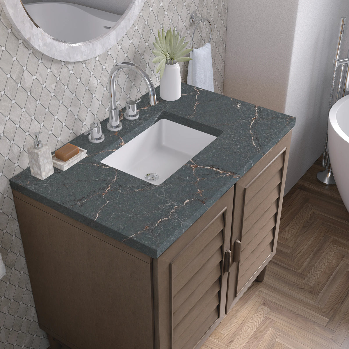 Portland 36" Single Vanity Whitewashed Walnut w/ 3 CM Parisien Bleu Silestone Top, view 7