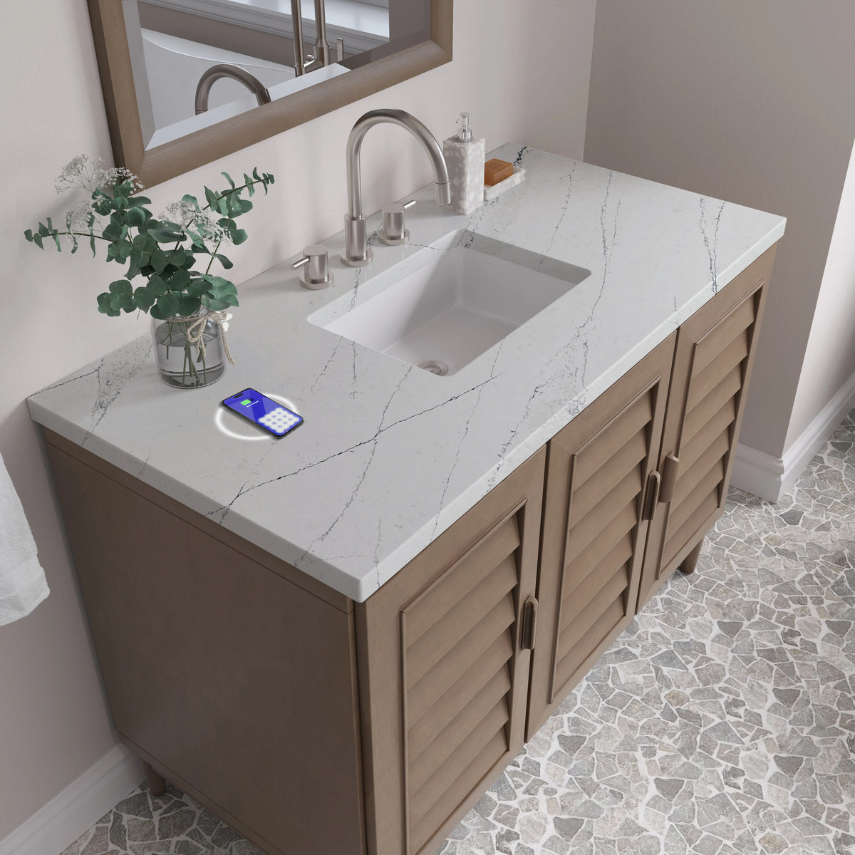 Portland 48" Single Vanity Whitewashed Walnut w/ 3 CM Ethereal Noctis Silestone Top w/FreePower Wireless Charg, view 11