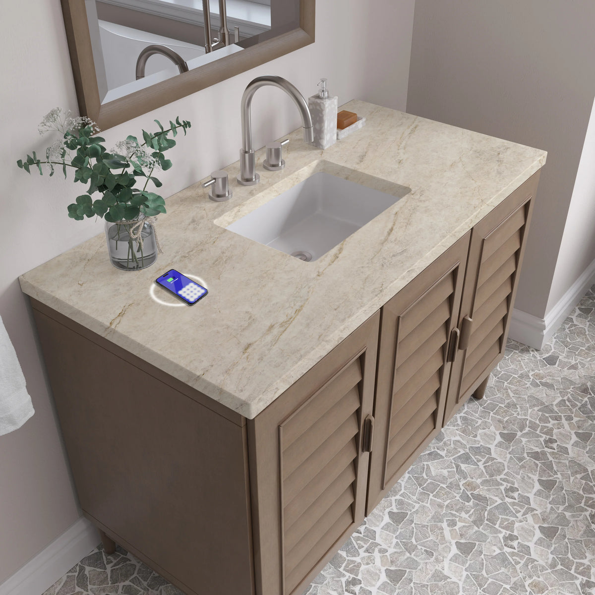 Portland 48" Single Vanity, Whitewashed Walnut, w/ 3 CM Tajnar Eclos Top w/FreePower Wireless Charger, view 10
