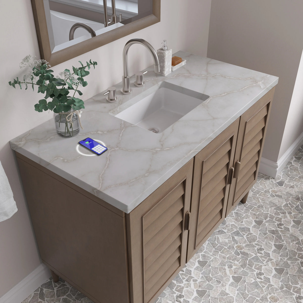 Portland 48" Single Vanity Whitewashed Walnut w/ 3 CM Victorian Silver Silestone Top w/FreePower Wireless Char, view 10