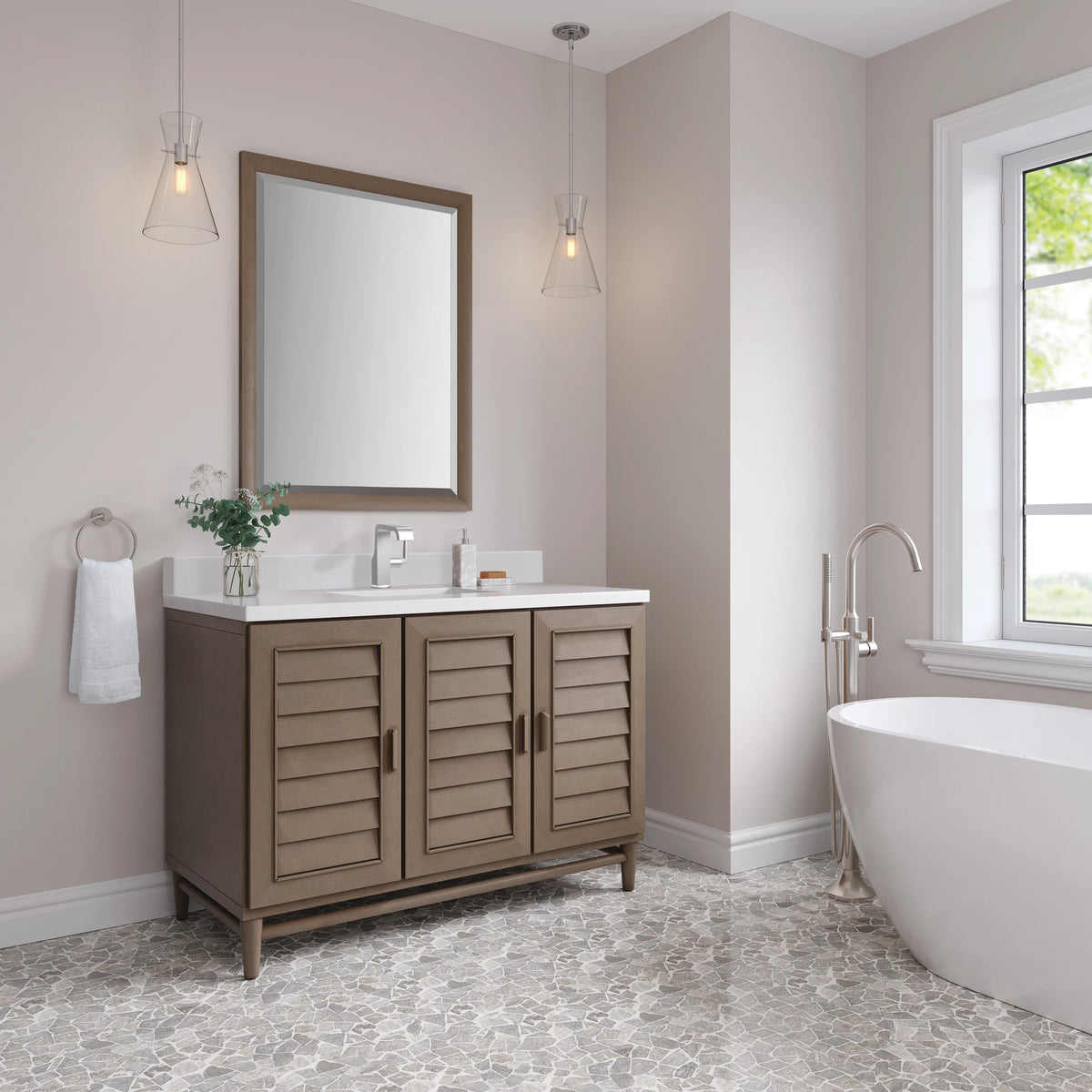 Portland 48" Single Vanity Whitewashed Walnut w/ Single Hole 3 CM White Zeus Silestone Top & Backsplash, view 4