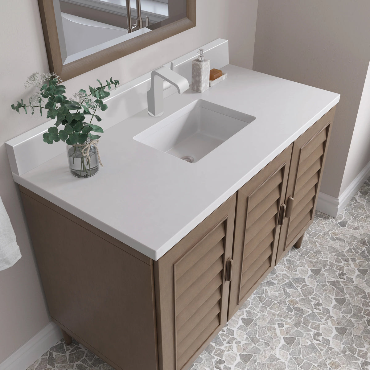 Portland 48" Single Vanity Whitewashed Walnut w/ Single Hole 3 CM White Zeus Silestone Top & Backsplash, view 7