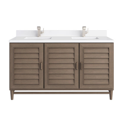 Portland 60" Double Vanity Whitewashed Walnut w/ Single Hole 3 CM White Zeus Silestone Top & Backsplash
