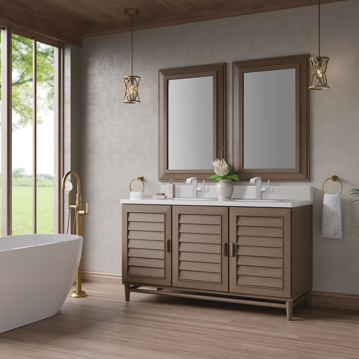 Portland 60" Double Vanity Whitewashed Walnut w/ Single Hole 3 CM White Zeus Silestone Top & Backsplash, view 4