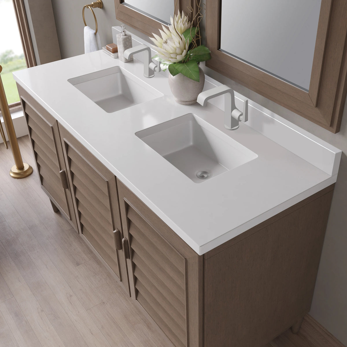 Portland 60" Double Vanity Whitewashed Walnut w/ Single Hole 3 CM White Zeus Silestone Top & Backsplash, view 9