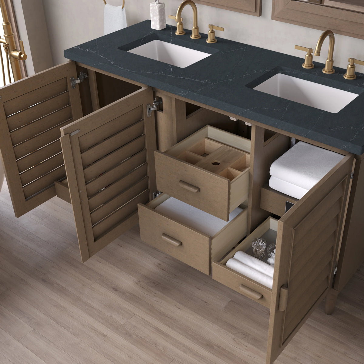 Portland 60" Double Vanity Whitewashed Walnut w/ 3 CM Charcoal Soapstone Silestone Top, view 5