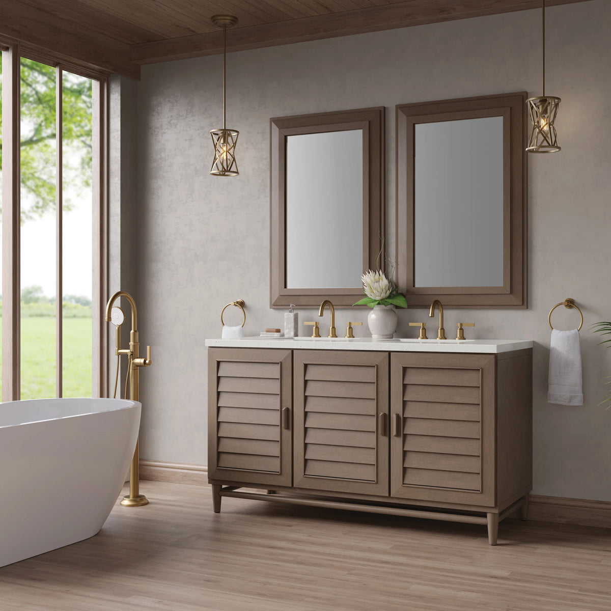 Portland 60" Double Vanity Whitewashed Walnut w/ 3 CM Lime Delight Silestone Top, view 4