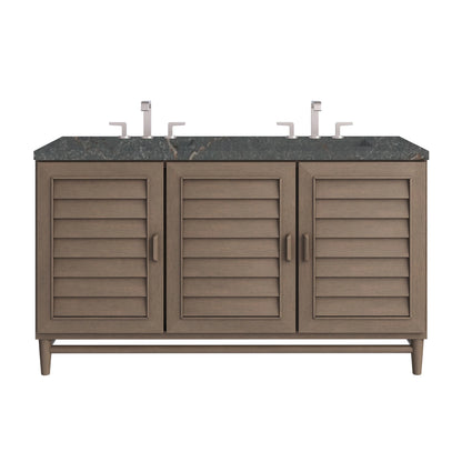 Portland 60" Double Vanity Whitewashed Walnut w/ 3 CM Parisien Bleu Silestone Top