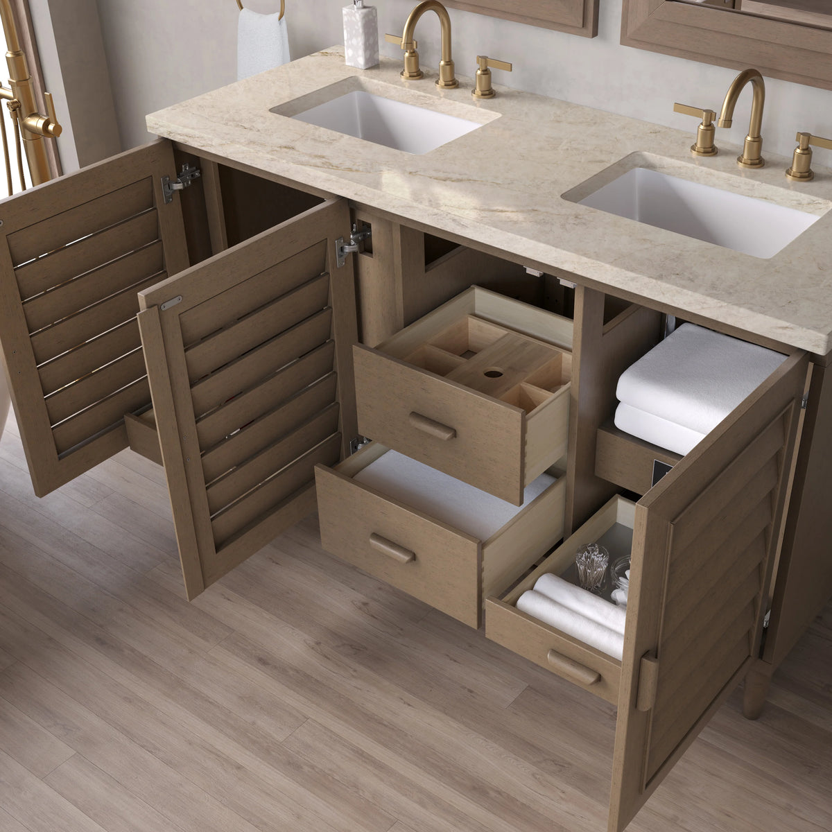 Portland 60" Double Vanity, Whitewashed Walnut, w/ 3 CM Tajnar Eclos Top, view 5
