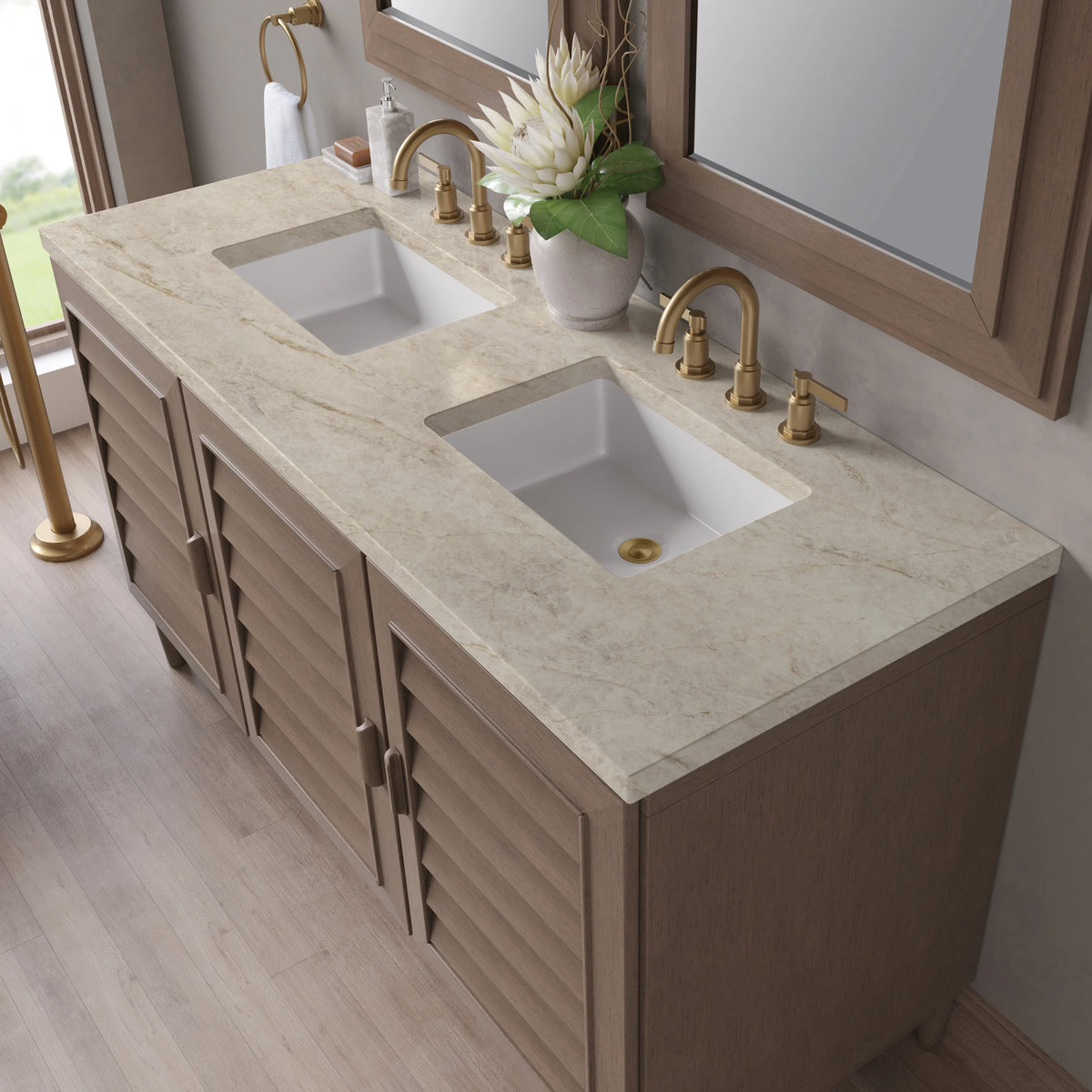 Portland 60" Double Vanity, Whitewashed Walnut, w/ 3 CM Tajnar Eclos Top, view 9