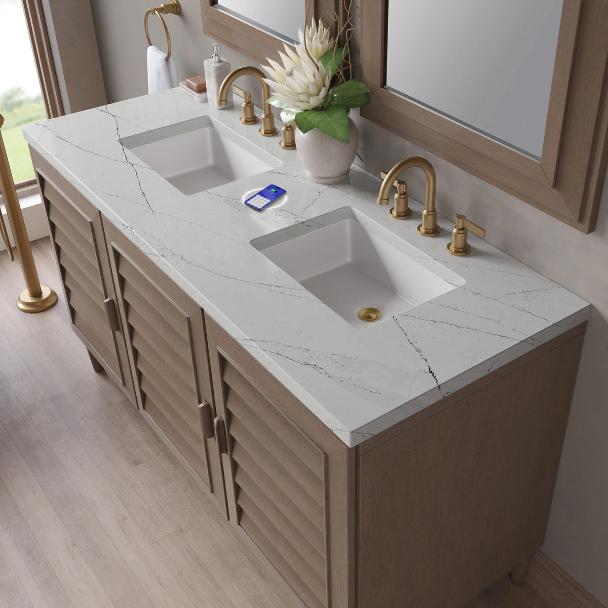 Portland 60" Double Vanity Whitewashed Walnut w/ 3 CM Ethereal Noctis Silestone Top w/FreePower Wireless Charg, view 12