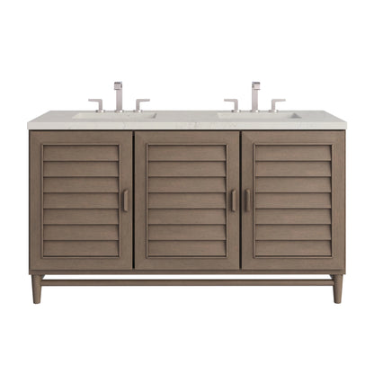 Portland 60" Double Vanity, Whitewashed Walnut, w/ 3 CM Siberian Silestone Top w/FreePower Wireless Charger