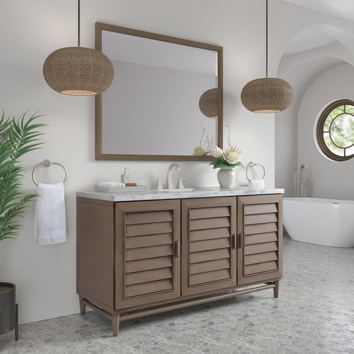 Portland 60" Single Vanity Whitewashed Walnut w/ 3 CM Carrara Marble Top, view 4