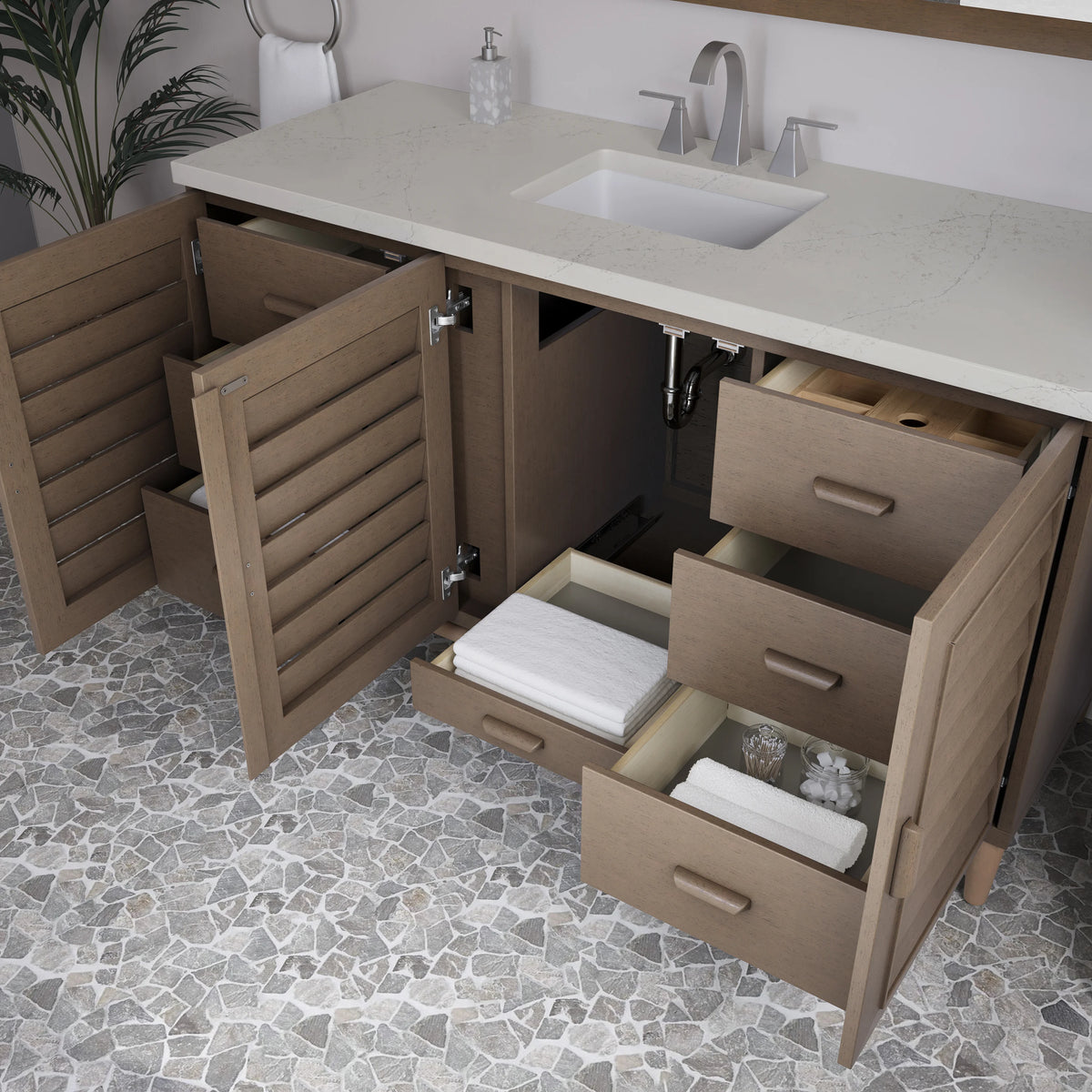 Portland 60" Single Vanity, Whitewashed Walnut, w/ 3 CM Siberian Silestone Top, view 5