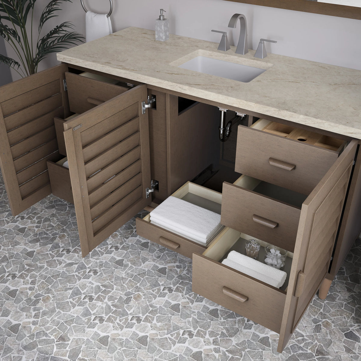 Portland 60" Single Vanity, Whitewashed Walnut, w/ 3 CM Tajnar Eclos Top w/FreePower Wireless Charger, view 7
