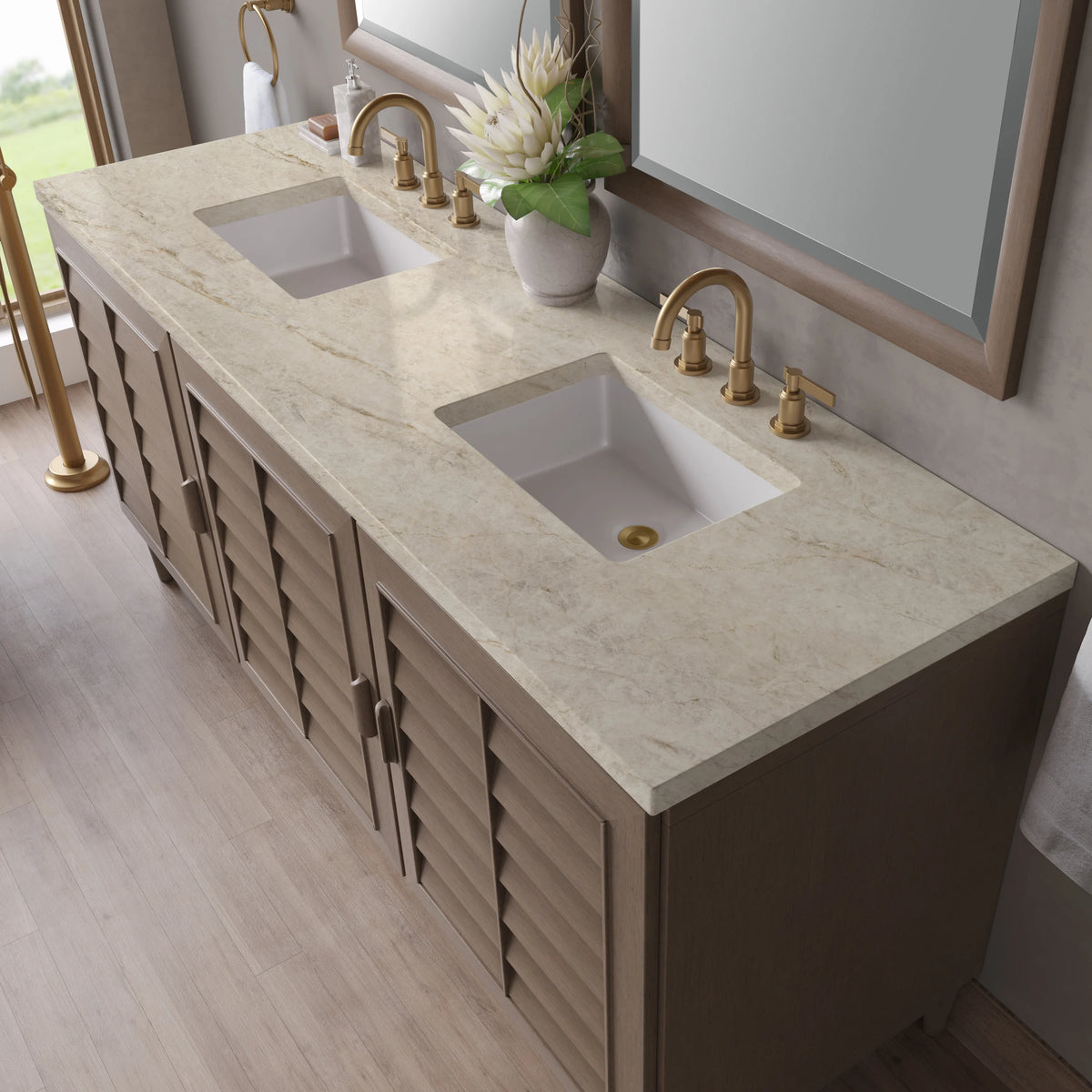 Portland 72" Double Vanity, Whitewashed Walnut, w/ 3 CM Tajnar Eclos Top, view 7