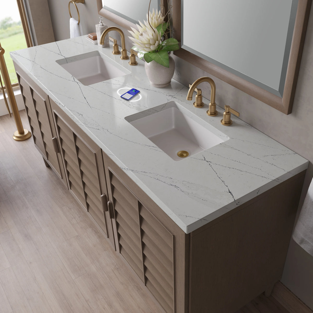 Portland 72" Double Vanity Whitewashed Walnut w/ 3 CM Ethereal Noctis Silestone Top w/FreePower Wireless Charg, view 10