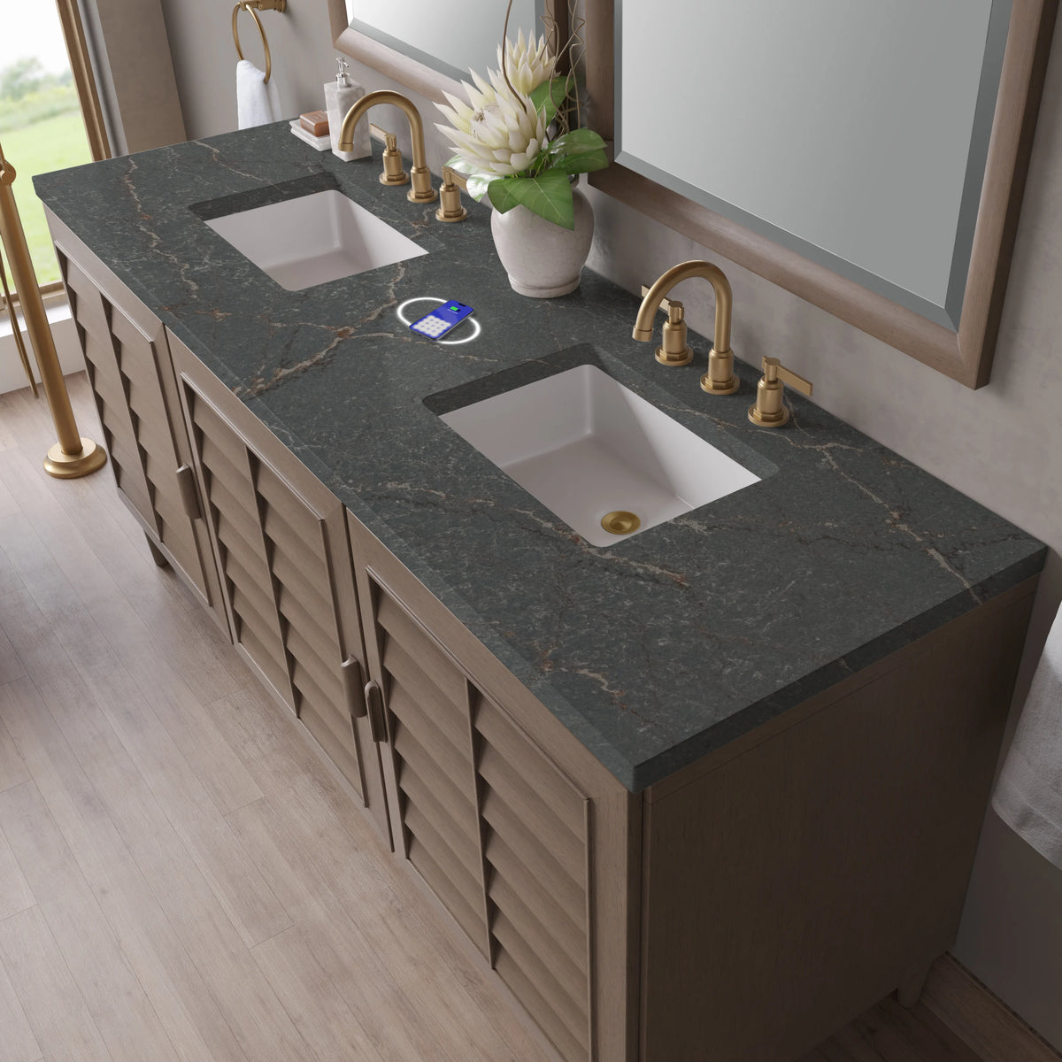 Portland 72" Double Vanity Whitewashed Walnut w/ 3 CM Parisien Bleu Silestone Top w/FreePower Wireless Charger, view 9