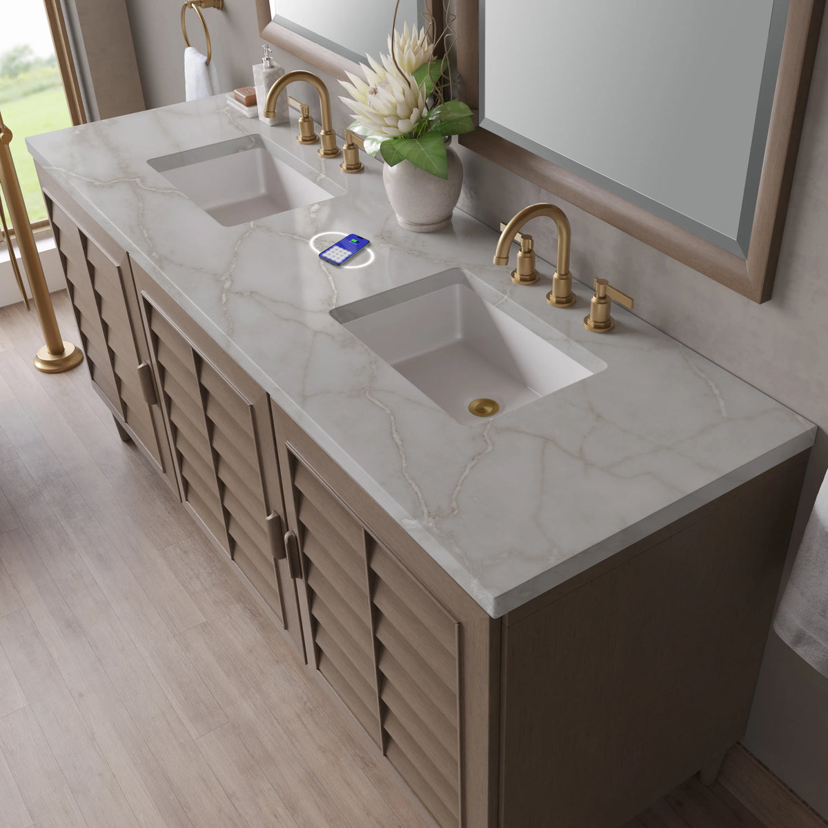 Portland 72" Double Vanity Whitewashed Walnut w/ 3 CM Victorian Silver Silestone Top w/FreePower Wireless Charg, view 9