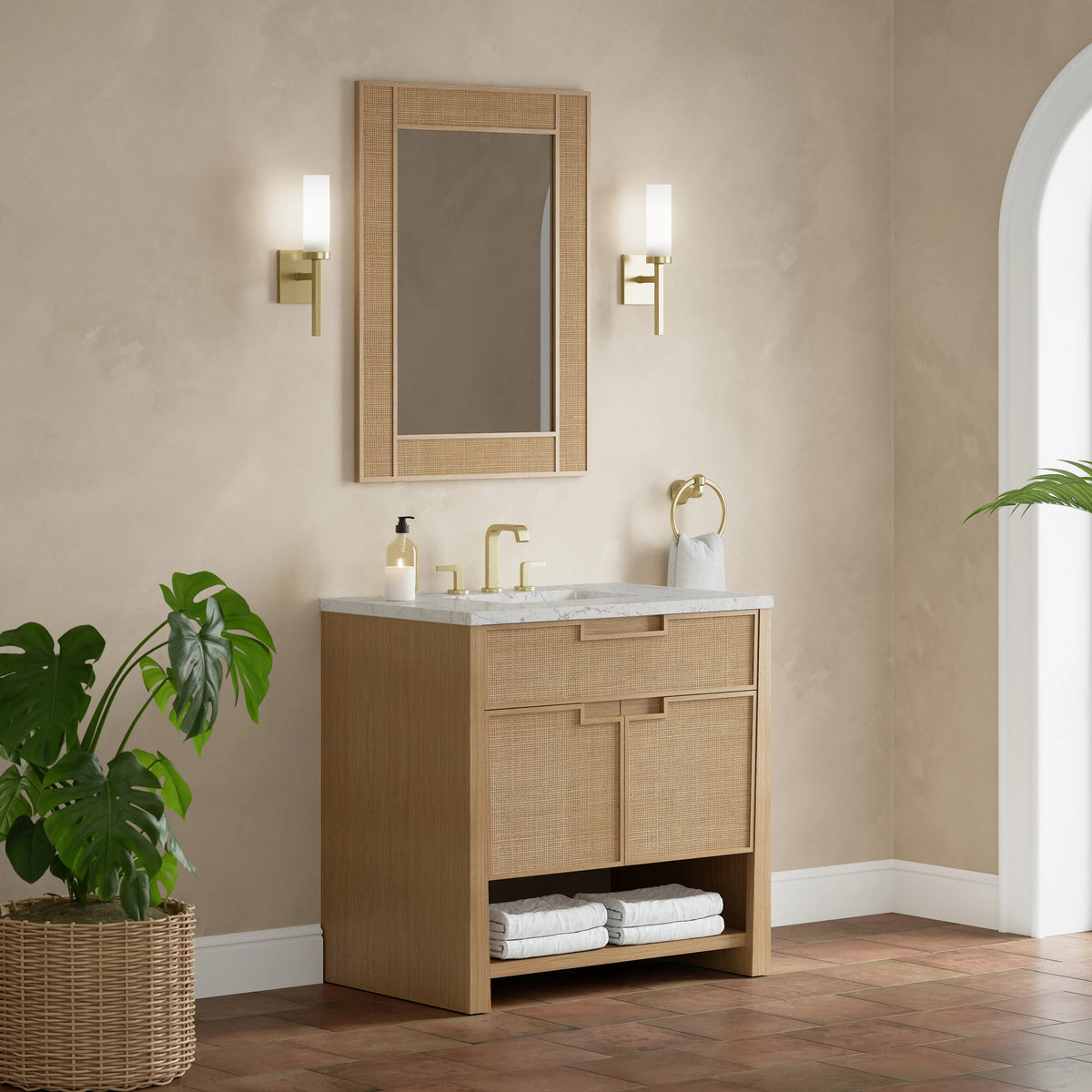 Solene 36" Single Vanity, Seaside Oak, w/ 3 CM Eternal Jasmine Pearl Quartz Top, view 4