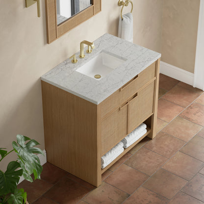 Solene 36" Single Vanity, Seaside Oak, w/ 3 CM Eternal Jasmine Pearl Quartz Top, view 7