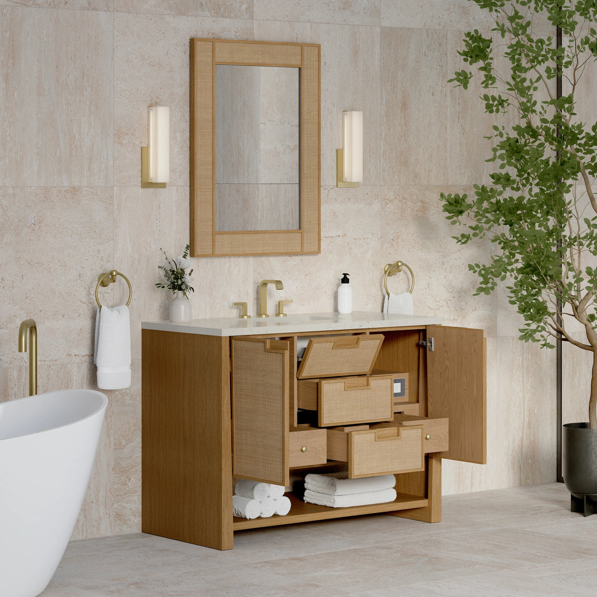 Solene 48" Single Vanity, Seaside Oak, w/ 3 CM Siberian Silestone Top, view 5