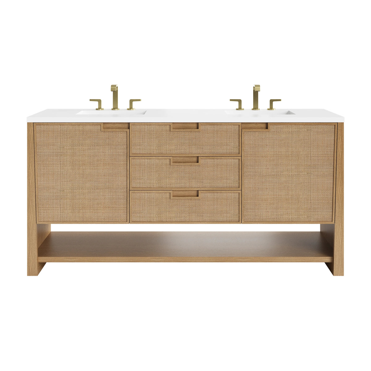 Solene 72" Double Vanity, Seaside Oak, w/ Single Hole 3 CM White Zeus Quartz Top & Backsplash