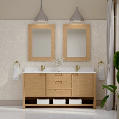 Solene 72" Double Vanity, Seaside Oak, w/ Single Hole 3 CM White Zeus Quartz Top & Backsplash, view 3