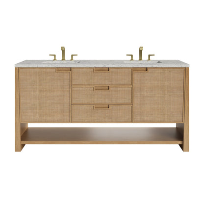 Solene 72" Double Vanity, Seaside Oak, w/ 3 CM Eternal Jasmine Pearl Quartz Top