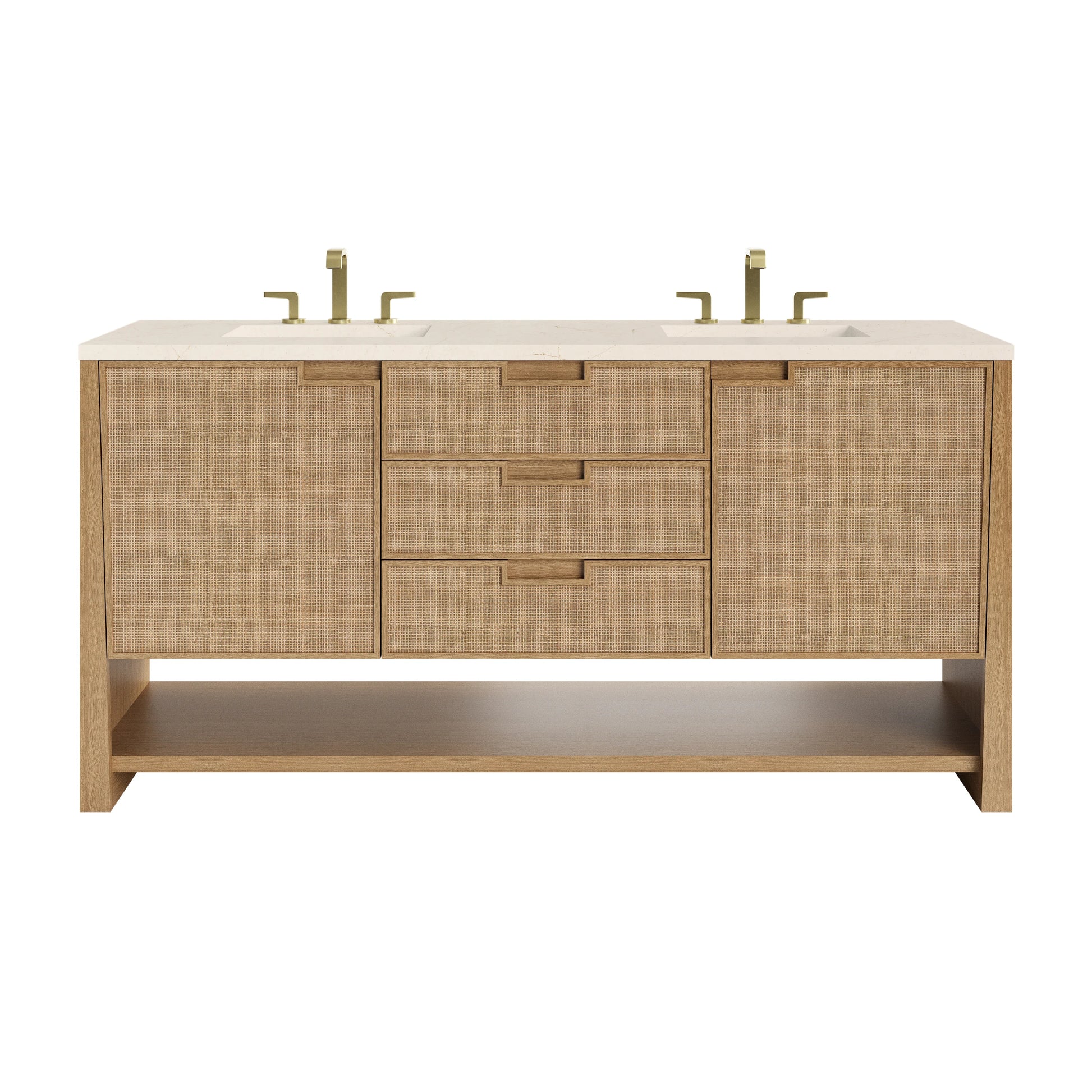 Renovate for Less Atlanta Solene 72" Double Vanity, Seaside Oak, w/ 3 CM Eternal Marfil Quartz Top