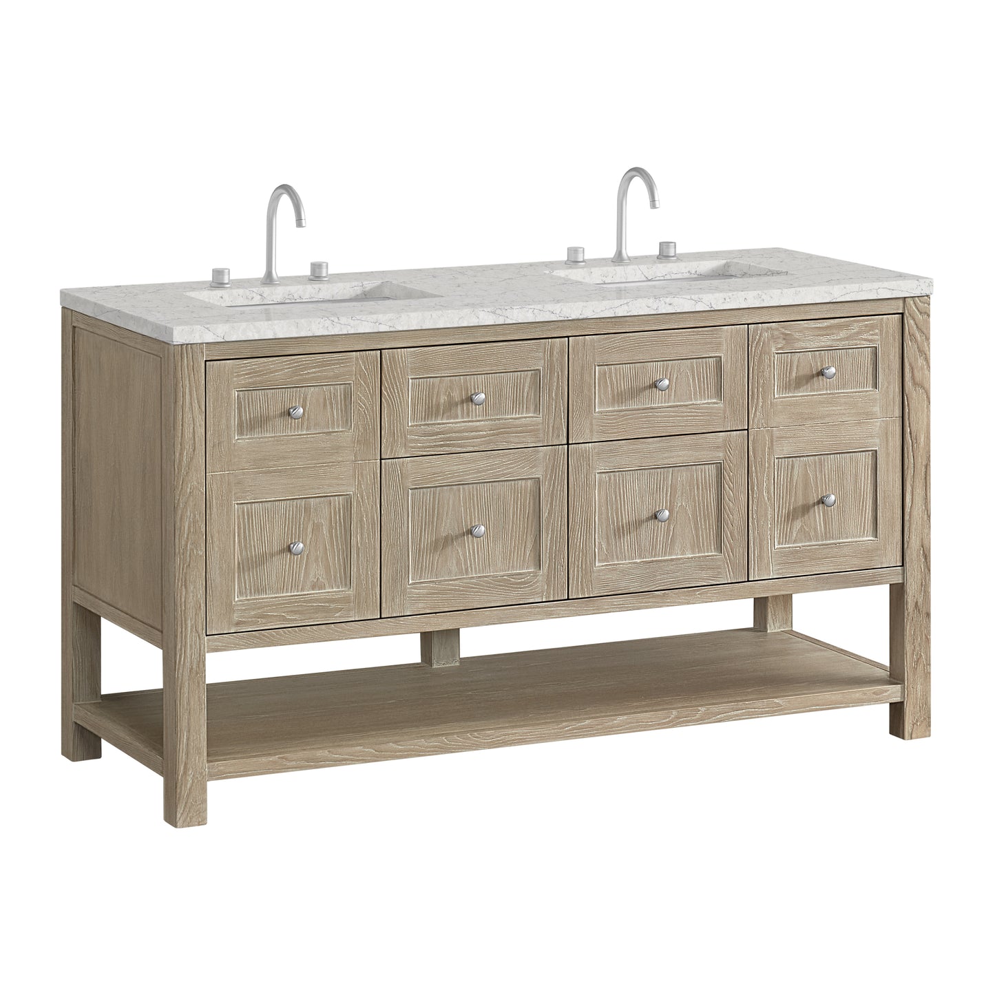 Renovate for Less Atlanta Breckenridge 60" Double Vanity, Whitewashed Oak, w/ 3 CM Eternal Jasmine Pearl Quartz Top