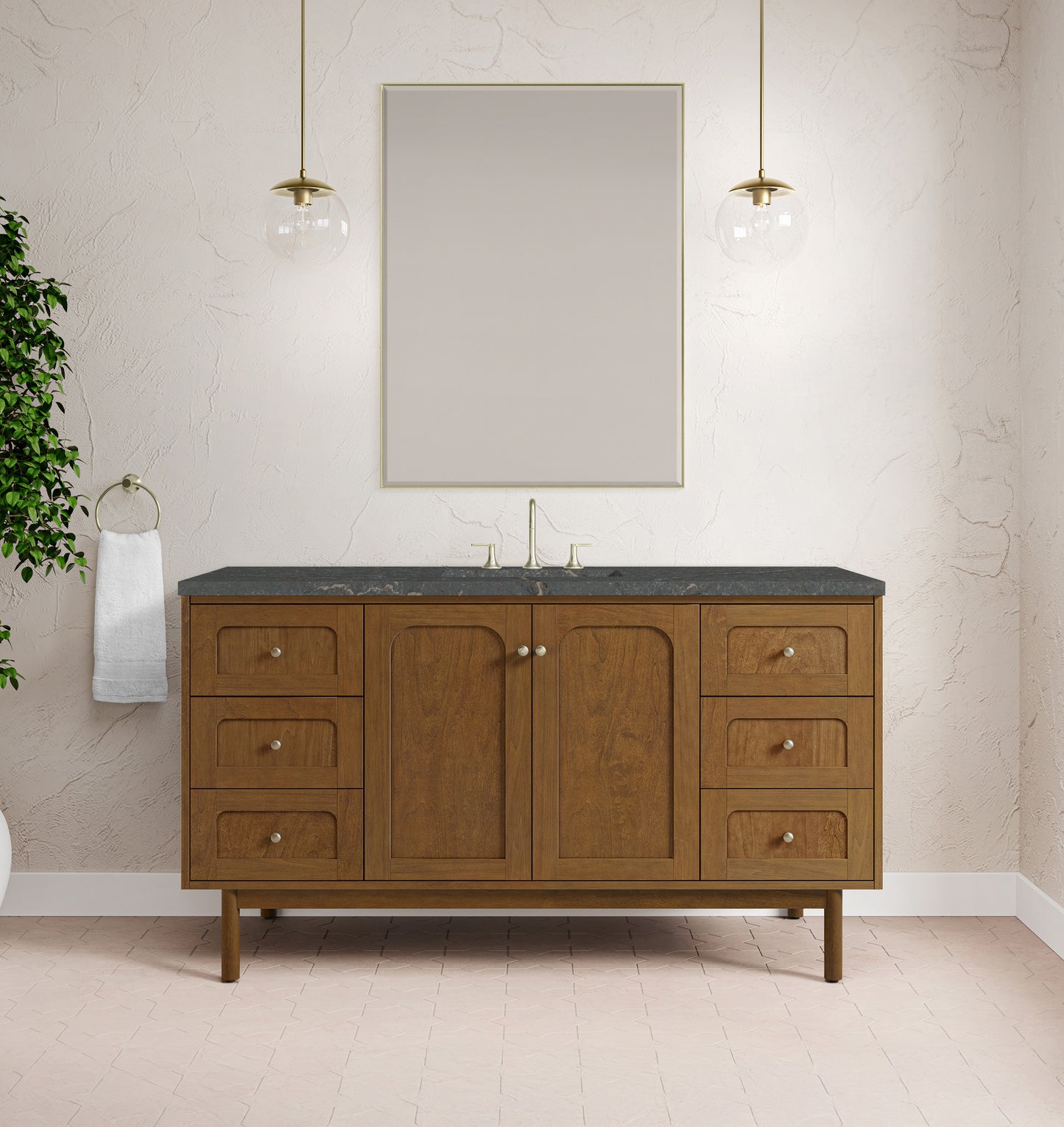 Renovate for Less Atlanta Laurent 60" Single Vanity, Honey Oak w/ 3 CM Parisien Bleu Silestone Top