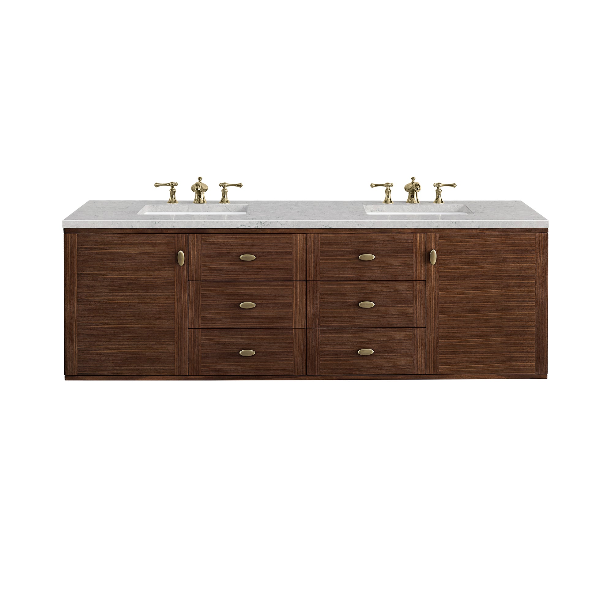 Renovate for Less Atlanta Amberly 72" Double Vanity, Mid-Century Walnut w/ 3 CM Eternal Jasmine Pearl Top w/FreePower Wireless Charger