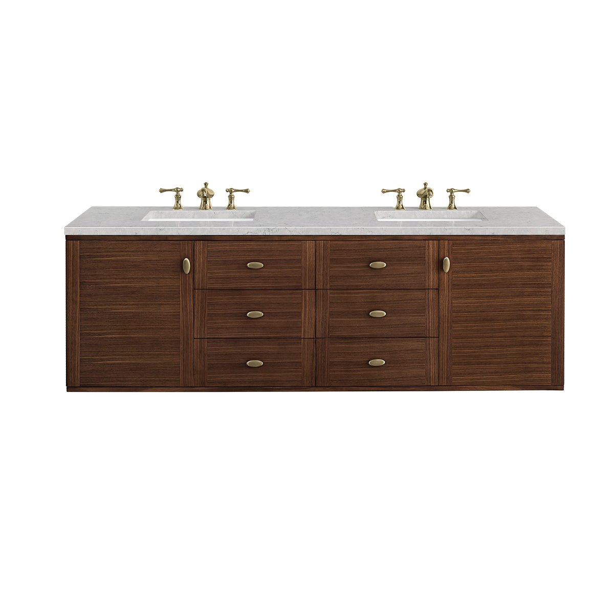 Renovate for Less Atlanta Amberly 72" Double Vanity, Mid-Century Walnut w/ 3 CM Eternal Jasmine Pearl Top w/FreePower Wireless Charger