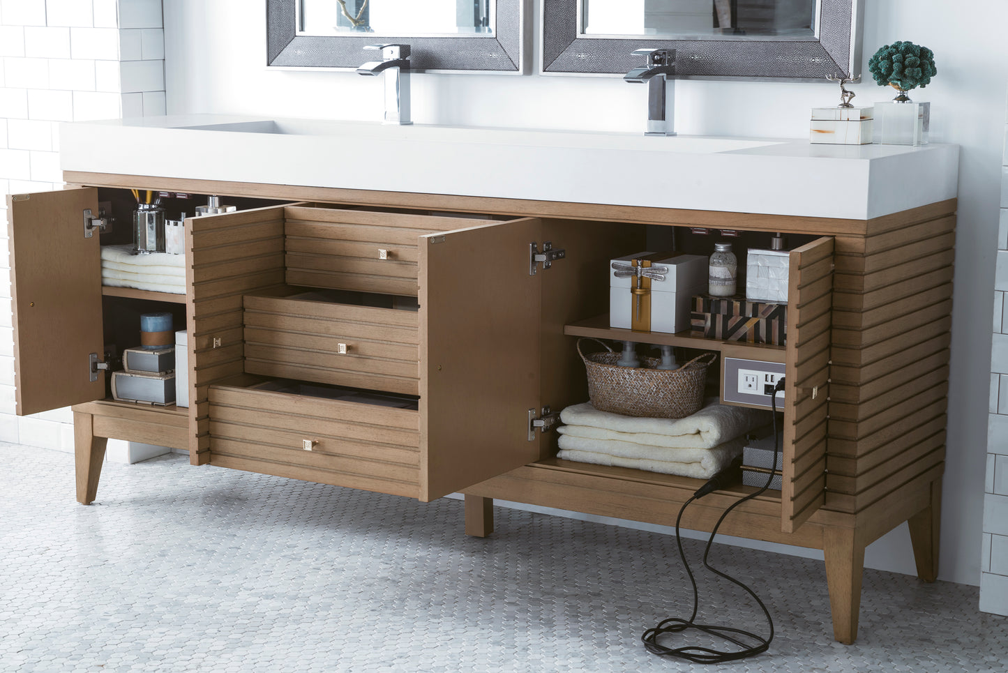 Renovate for Less Atlanta Linear 72" Double Vanity Whitewashed Walnut w/ Glossy White Composite Stone Top