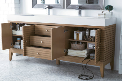 Renovate for Less Atlanta Linear 72" Double Vanity Whitewashed Walnut w/ Glossy White Composite Stone Top