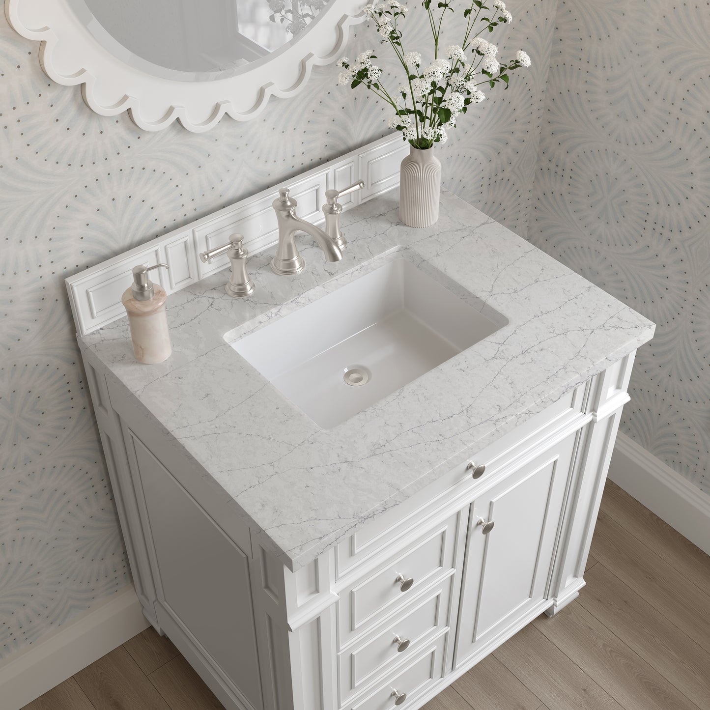 Renovate for Less Atlanta Bristol 30" Single Vanity, Bright White w/ 3 CM Eternal Jasmine Pearl Silestone Top