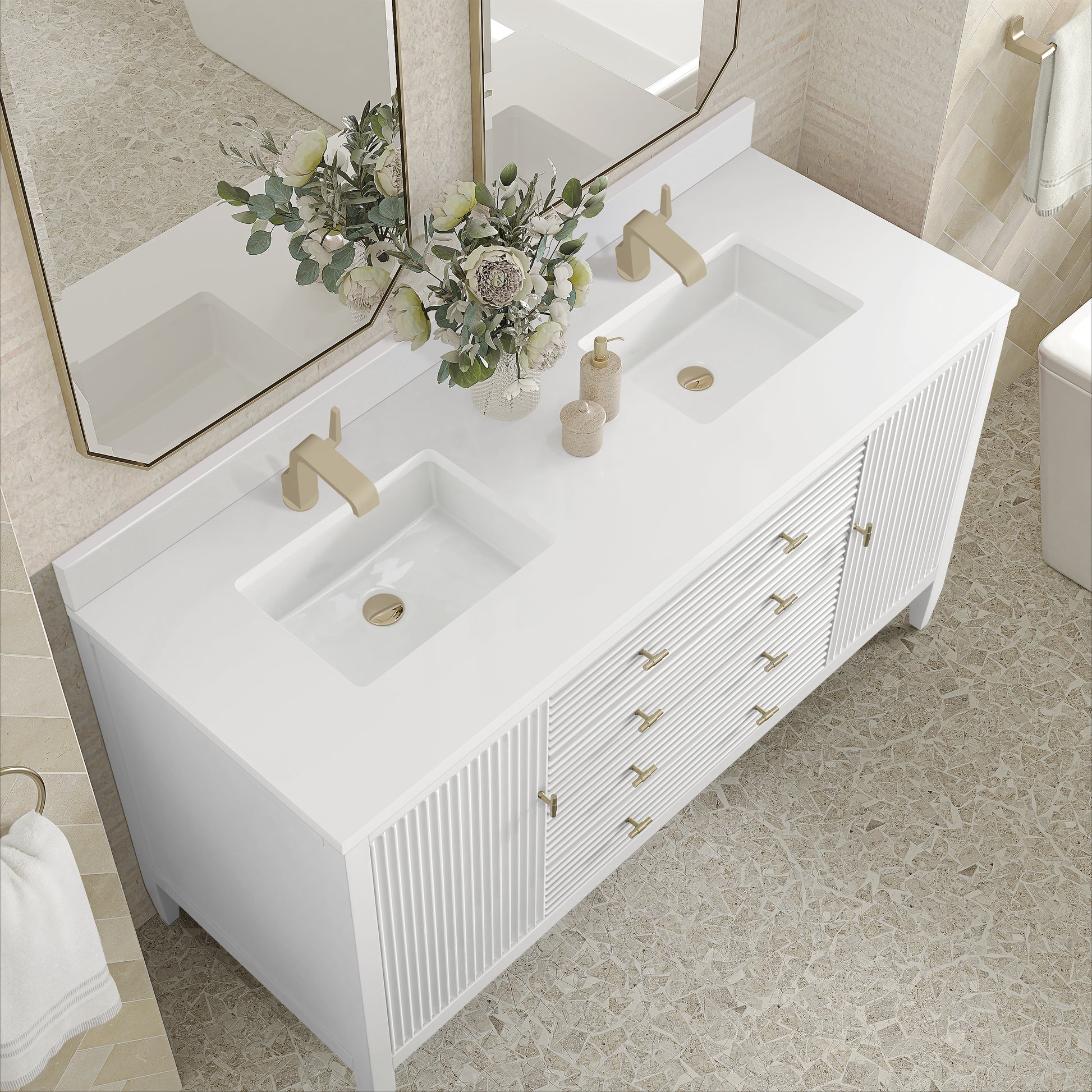 Renovate for Less Atlanta Myrrin 60" Double Vanity, Bright White w/ Single Hole 3 CM White Zeus Silestone Top & Backsplash