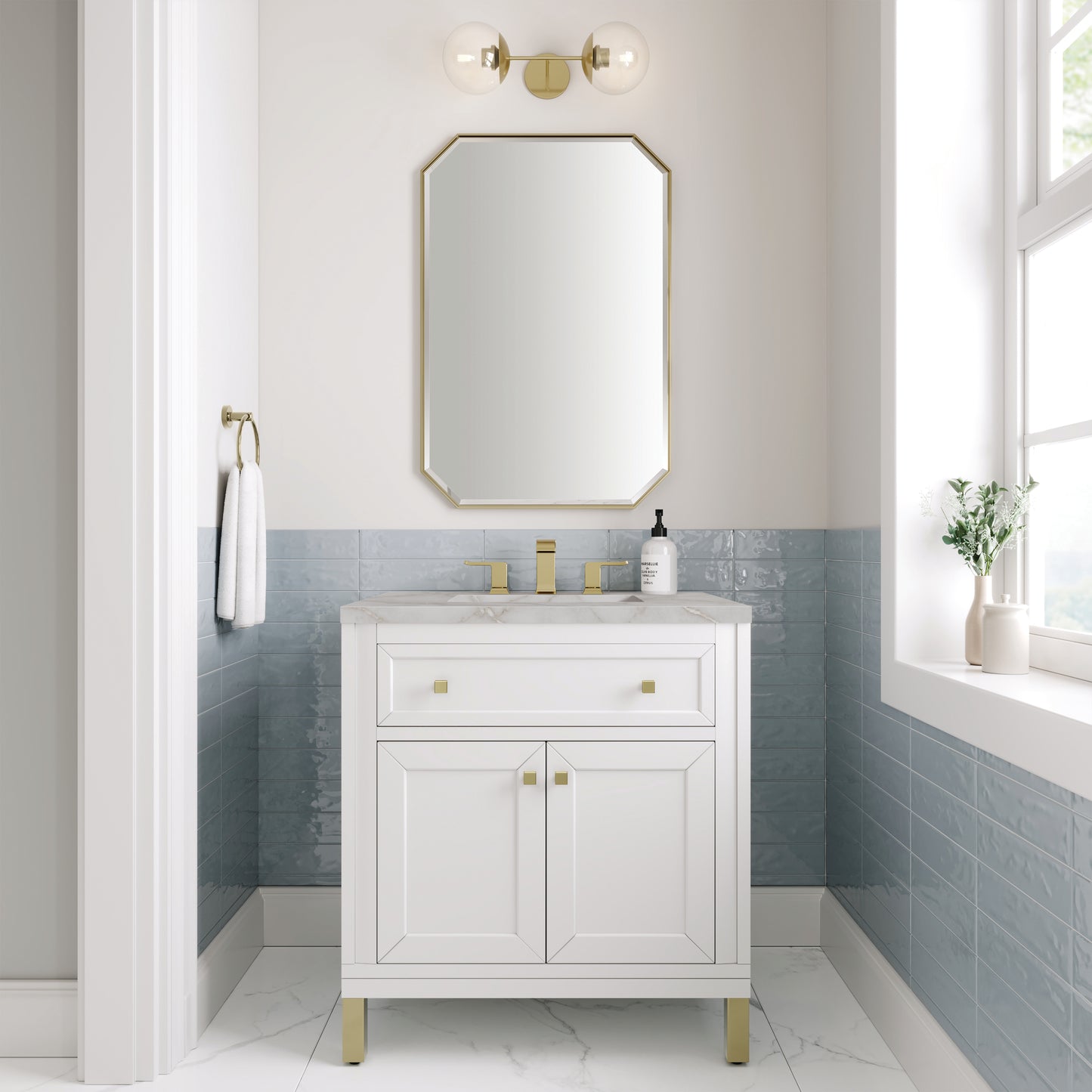 Renovate for Less Atlanta Chicago 30" Single Vanity, Glossy White, w/ 3 CM Victorian Silver Silestone® Top
