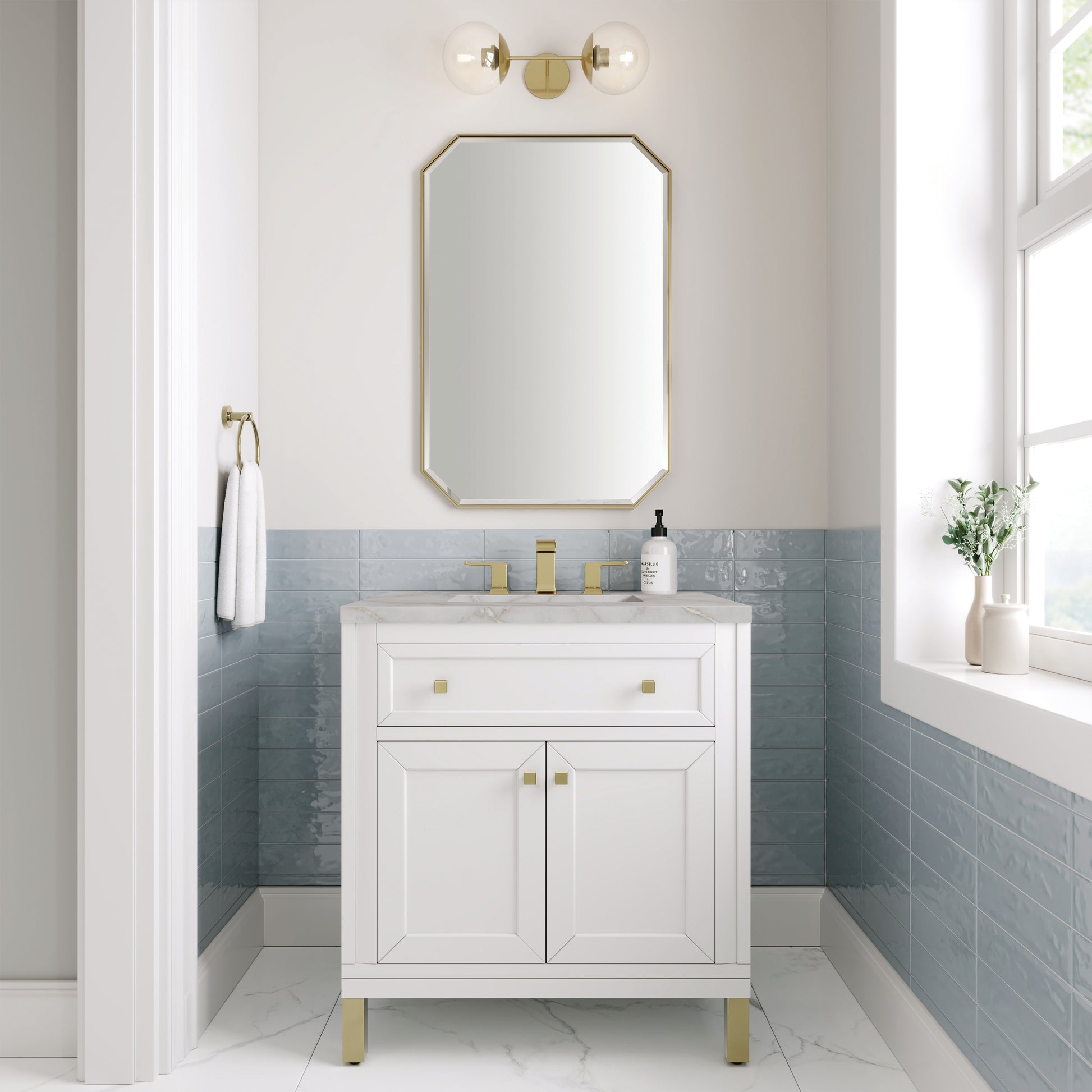 Renovate for Less Atlanta Chicago 30" Single Vanity, Glossy White, w/ 3 CM Victorian Silver Silestone® Top