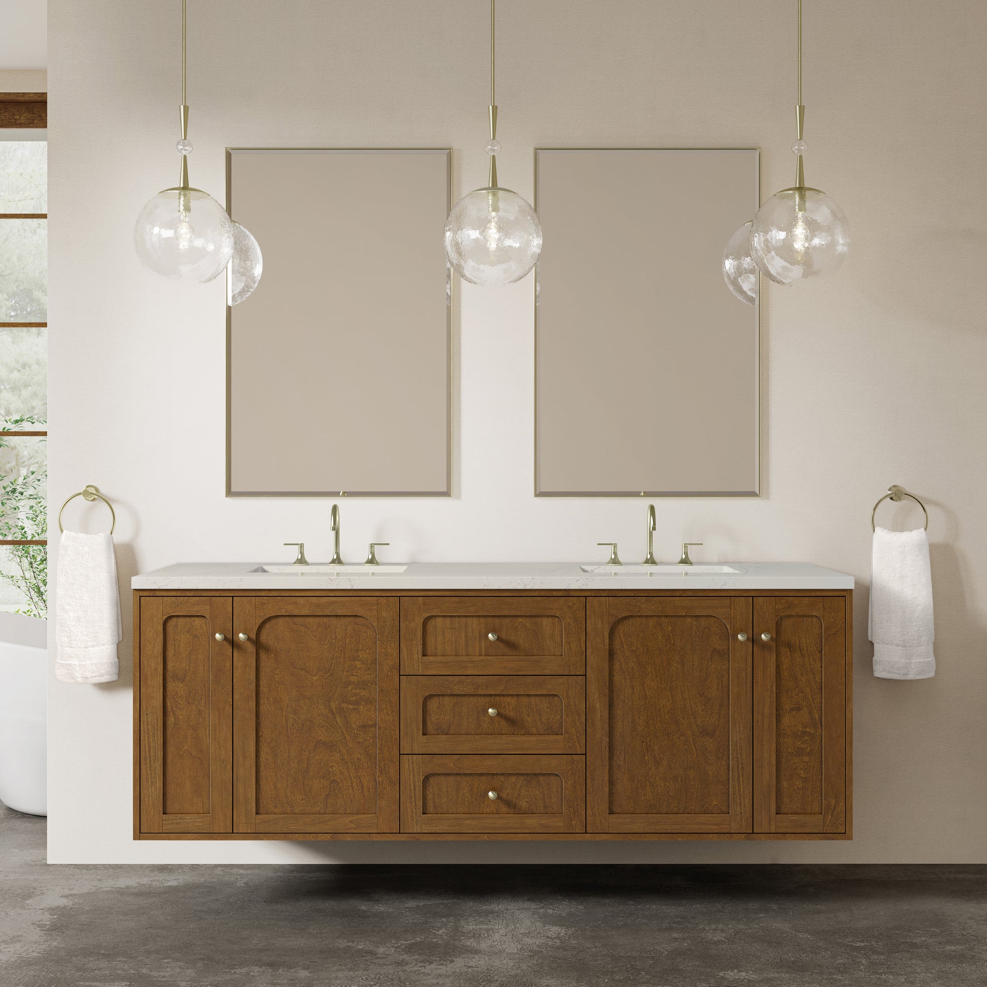 Renovate for Less Atlanta Laurent 72" Double Vanity, Honey Oak w/ 3 CM Siberian Silestone Top w/FreePower Wireless Charger