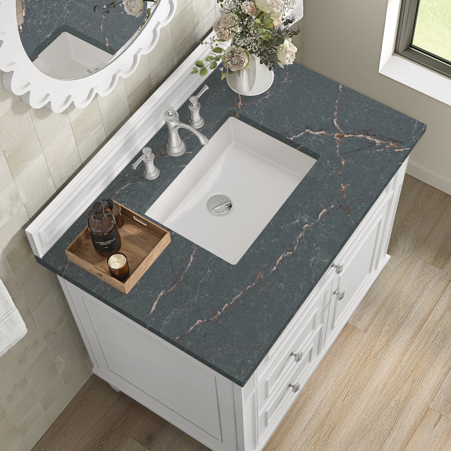 Renovate for Less Atlanta Lorelai 36" Single Vanity, Bright White w/ 3 CM Parisien Bleu Silestone Top
