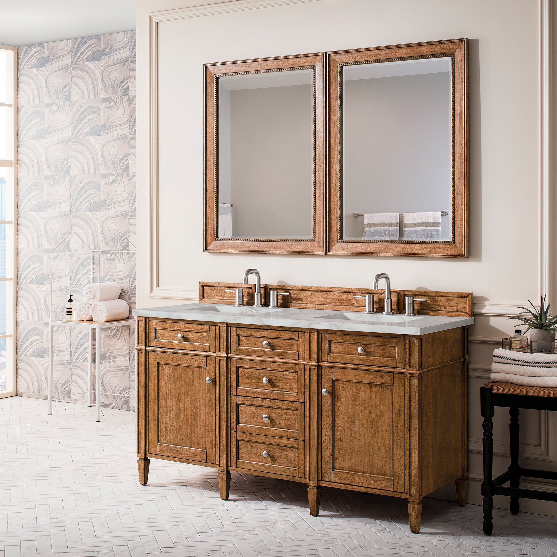 Renovate for Less Atlanta Brittany 60" Double Vanity, Saddle Brown w/ 3 CM Victorian Silver Silestone Top w/FreePower Wireless Charger