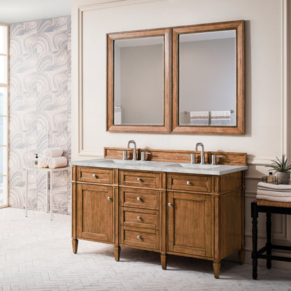 Renovate for Less Atlanta Brittany 60" Double Vanity, Saddle Brown w/ 3 CM Victorian Silver Silestone Top w/FreePower Wireless Charger