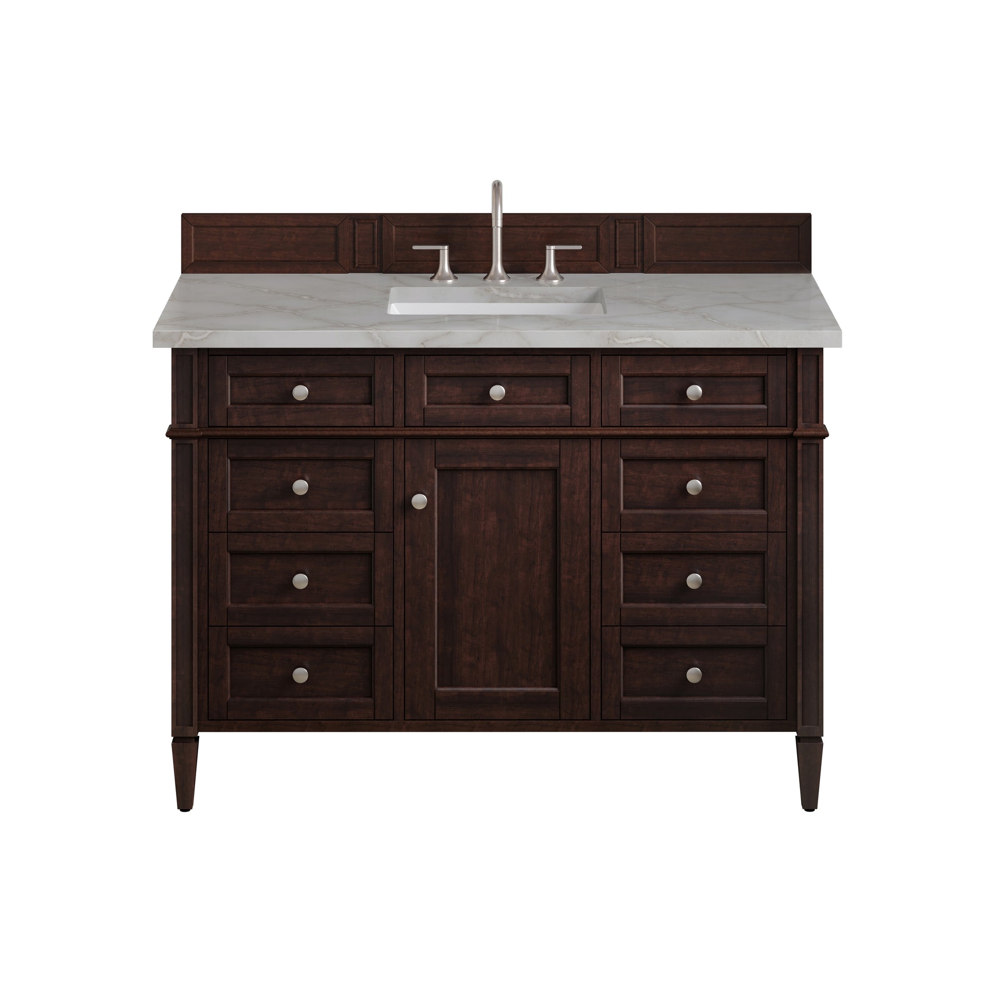Renovate for Less Atlanta Brittany 48" Single Vanity, Burnished Mahogany w/ 3 CM Victorian Silver Silestone Top