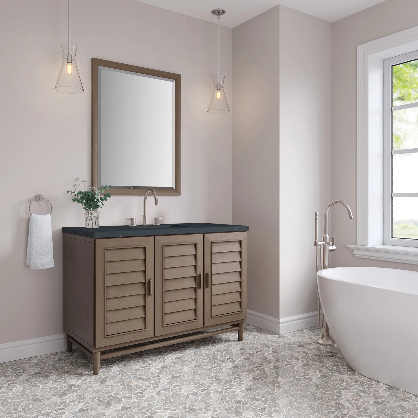 Portland 48" Single Vanity Whitewashed Walnut w/ 3 CM Charcoal Soapstone Silestone Top
