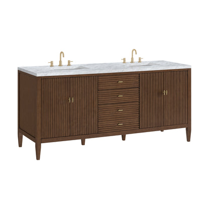 Renovate for Less Atlanta Myrrin 72" Double Vanity, Mid Century Walnut w/ 3 CM Carrara White Marble Top