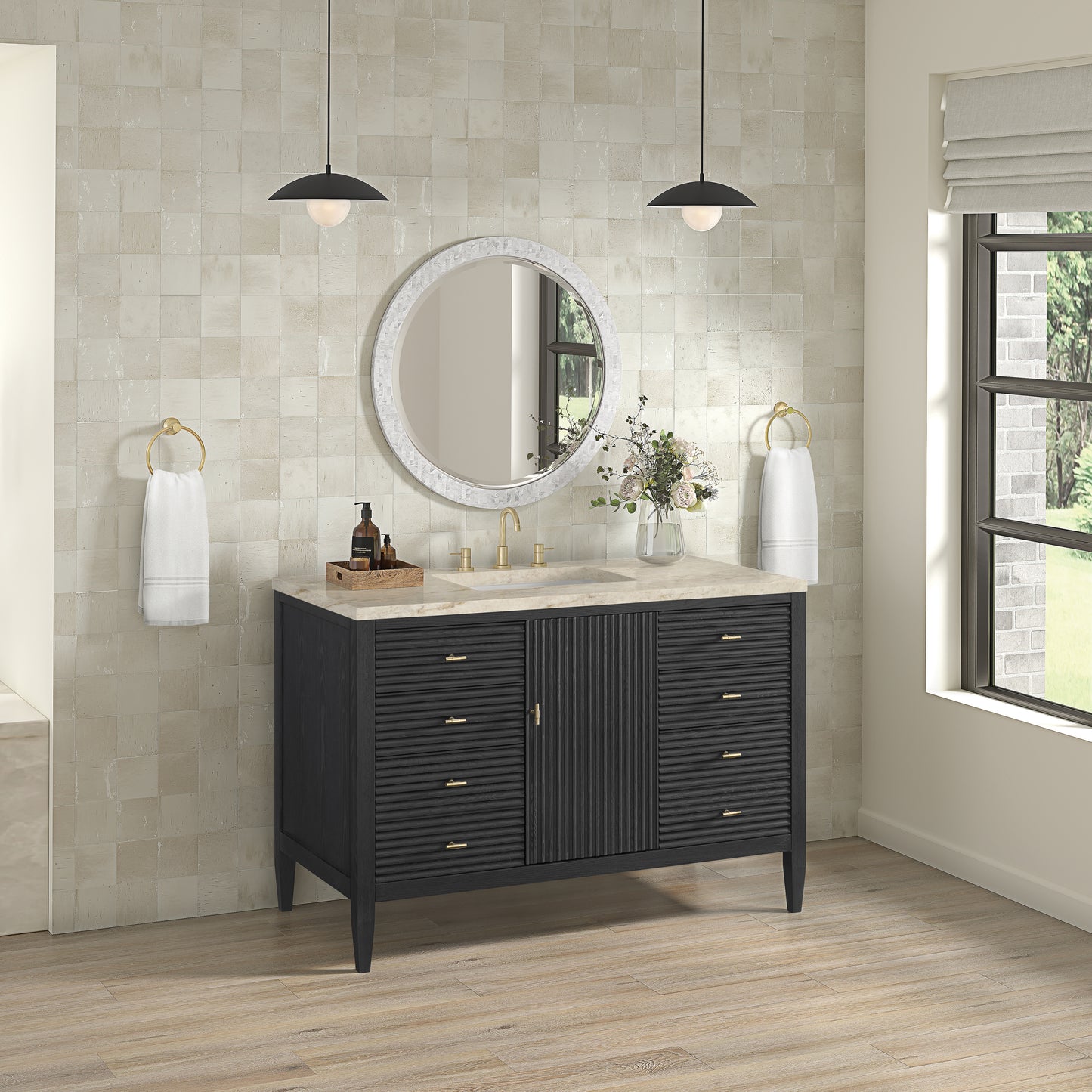 Renovate for Less Atlanta Myrrin 48" Single Vanity, Carbon Oak, w/ 3 CM Tajnar Eclos Top