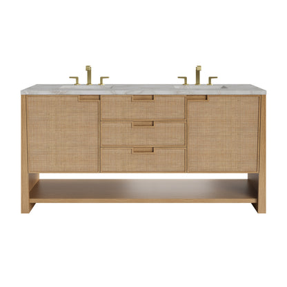 Renovate for Less Atlanta Solene 72" Double Vanity, Seaside Oak, w/ 3 CM Victorian Silver Silestone Top w/ FreePower Wireless Charger