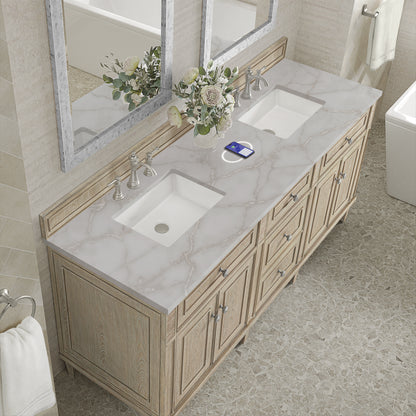 Renovate for Less Atlanta Lorelai 72" Double Vanity, Whitewashed Oak w/ 3 CM Victorian Silver Silestone Top w/FreePower Wireless Charger